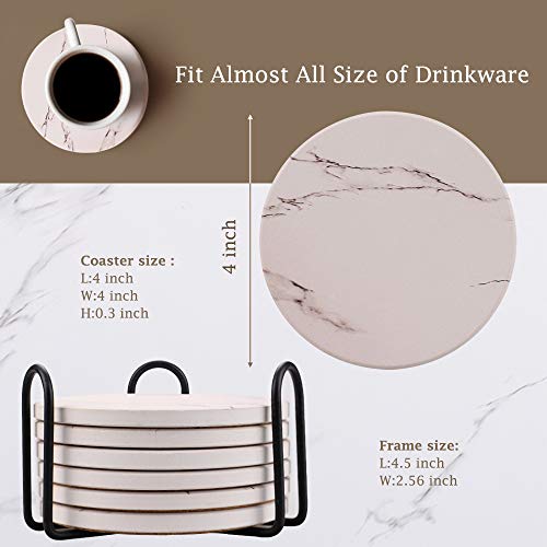 Coasters for Drinks, Absorbent Ceramic Stone Coasters Set with Metal Holder Stand, Cork Base, Marble Surface Pattern, Cups Place Mats for Home Decor, Set of 6 – White | The Storepaperoomates Retail Market - Fast Affordable Shopping