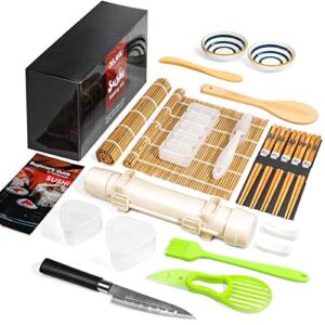 Delamu Sushi Making Kit, 23 in 1 Sushi Maker Bazooker Roller Kit with Bamboo Mats, Chef’s Knife, Triangle/Nigiri/Gunkan Sushi Rice Mold, Chopsticks, Sauce Dishes, Rice Spreader, User Guide