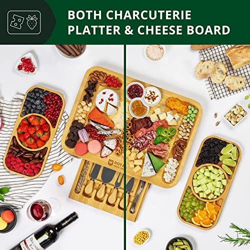Cheese Board and Knife Set – Charcuterie Board Set Unique Bamboo Cheese Board, Charcuterie Platter & Serving Tray (17.5″ x 13″) (With Side Trays) | The Storepaperoomates Retail Market - Fast Affordable Shopping