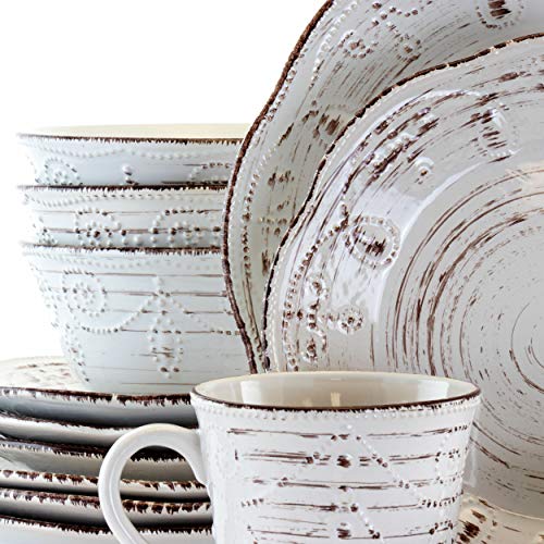 Elama Rustic Birch 16 Piece Embossed Scalloped Stoneware Round Dinnerware Set in White with Brown Accents | The Storepaperoomates Retail Market - Fast Affordable Shopping