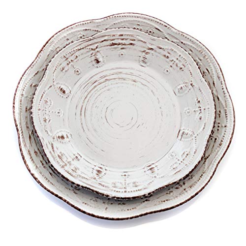 Elama Rustic Birch 16 Piece Embossed Scalloped Stoneware Round Dinnerware Set in White with Brown Accents | The Storepaperoomates Retail Market - Fast Affordable Shopping