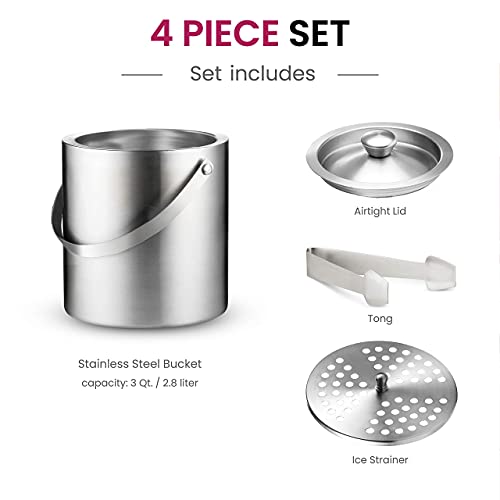 Double-Wall Stainless Steel Insulated Ice Bucket With Lid and Ice Tong [3 Liter] Included Strainer Keeps Ice Cold & Dry, Carry leather Handle, Great for Home Bar, Chilling Beer, Champagne, Wine Bottle | The Storepaperoomates Retail Market - Fast Affordable Shopping