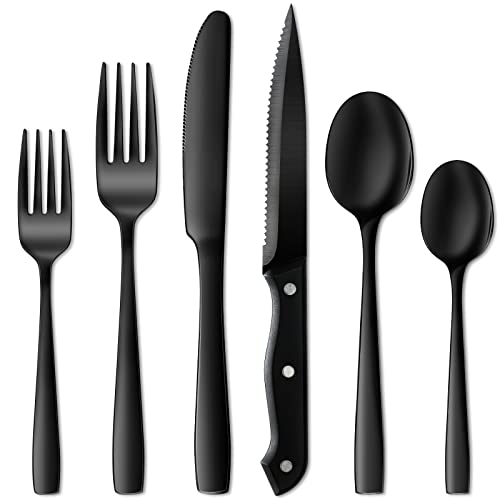 NETANY 24 Pieces Black Silverware Set, Black Flatware Set, Food-Grade Stainless Steel Cutlery Set for 4, Tableware Eating Utensils, Mirror Finished, Dishwasher Safe | The Storepaperoomates Retail Market - Fast Affordable Shopping
