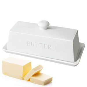 Butter Dish With Lid, WERTIOO Porcelain Butter Keeper With Handle Cover French Butter Dish Ceramic Butter Holder Container for Countertop, White