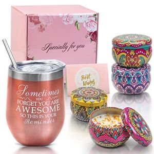 Birthday Gifts for Women Unique Gifts for Women Funny Gifts for Women Mom Best Friend Insulated Wine Tumbler and Candles 4 Pack Gift Set Box Basket