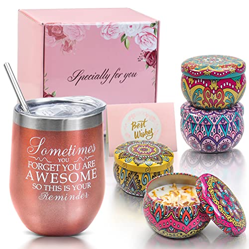 Birthday Gifts for Women Unique Gifts for Women Funny Gifts for Women Mom Best Friend Insulated Wine Tumbler and Candles 4 Pack Gift Set Box Basket | The Storepaperoomates Retail Market - Fast Affordable Shopping