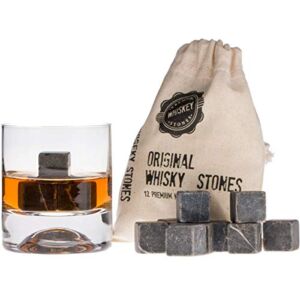 Premium Whiskey Stones Gift Set with 12 Pcs Stones and Bag. Whiskey, Bourbon, Cognac, Scotch,Gin, Wine Beverage. Marble Reusable Ice Cubes. Birthday Gift for Whiskey Lovers.… (Dark Grey)