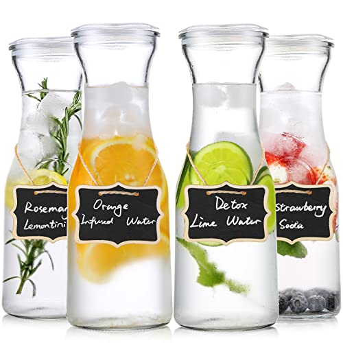 4 Pack Glass Carafes with Acrylic Lids, 35 Oz Water Pitcher Juice Container for Brunch, Mimosa Bar, Beverage, Wine, Iced Tea, Lemonade – 4 Wooden Chalkboard Tags | The Storepaperoomates Retail Market - Fast Affordable Shopping