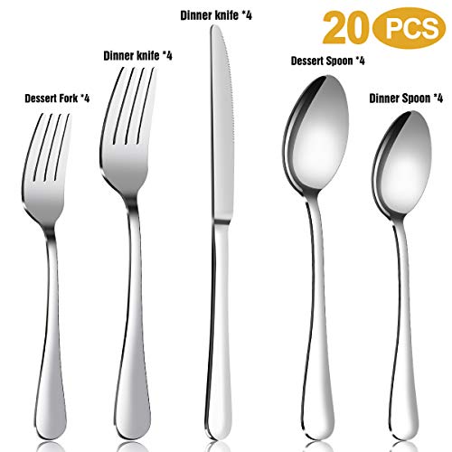 Silverware Set，MASSUGAR 20-Piece Silverware Flatware Cutlery Set, Stainless Steel Utensils Service for 4, Include Knife/Fork/Spoon, Mirror Polished (Silver) | The Storepaperoomates Retail Market - Fast Affordable Shopping