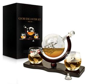 flybold Whiskey Decanter Set – Whiskey Decanter Globe Set for Men Certified Safe Great Gift for men – Bourbon decanter Scotch Decanter Sets 28 oz Includes 2 Glasses Whisky funnel Globe Decanters