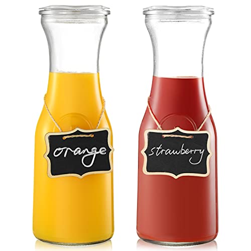 Set of 2 Glass Carafe with Lids, 1 Liter Water Pitcher Carafe for Mimosa Bar, Brunch, Cold Water, Beverage, Wine, Iced Tea, Lemonade – 2 Wooden Chalkboard Tags Included | The Storepaperoomates Retail Market - Fast Affordable Shopping