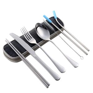 Stainless Steel Flatware Set ,Travel Equipment Flatware Set 8 Pieces Set ,of Portable Silverware Cutlery Set, Includes fork, Knife and Spoon Sets(silver)