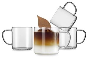 LUXU Glass Coffee Mugs Set of 4,Large Wide Mouth Mocha Hot Beverage Mugs (14oz),Clear Espresso Cups with Handle,Lead-Free Drinking Glassware,Perfect for Latte,Cappuccino,Hot Chocolate,Tea and Juice