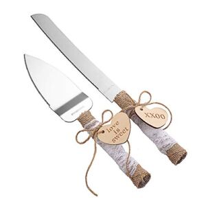 TANG SONG Rustic Style Stainless Steel Wedding Cake Knife and Serving Set Resin Plastic Handle with Twine Heart Love Wood Tag and Burlap Lace Design