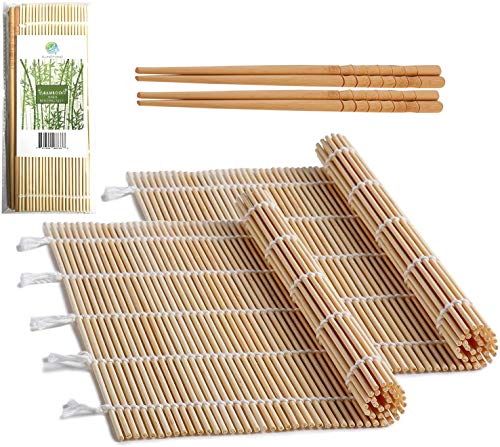 Bamboo Sushi Rolling Mat with 2 Pairs of Chopsticks Natural Bamboo 9.5″x9.5″ 2 PCS Sushi Making Kit | The Storepaperoomates Retail Market - Fast Affordable Shopping