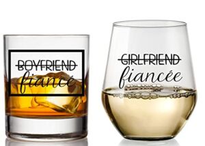 COOL AF Boyfriend and Girlfriend Wine and Whiskey Glass Gift Set – Engagement Gifts for Couples – Fiance Fiancee Gift for Him and Her – His and Hers Glasses For Mr and Mrs Bride and Groom to be