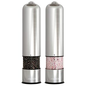 Electric Salt and Pepper Grinder Set – Automatic, Refillable, Battery Operated Stainless Steel Spice Mills with Light – One Handed Push Button Peppercorn Grinders and Sea Salt Mills