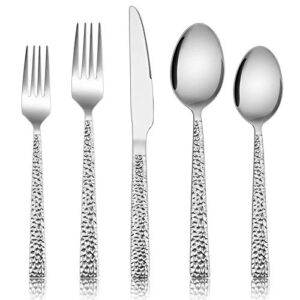 Hammered Silverware Set, E-far 40-Piece Stainless Steel Square Flatware Set for 8, Metal Tableware Cutlery Set Includes Dinner Knives/Forks/Spoons, Modern Design & Mirror Polished – Dishwasher Safe