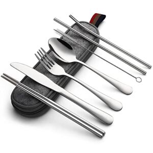 DEVICO Portable Utensils, Travel Camping Cutlery Set, 8-Piece including Knife Fork Spoon Chopsticks Cleaning Brush Straws Portable Case, Stainless Steel Flatware set (Silver)