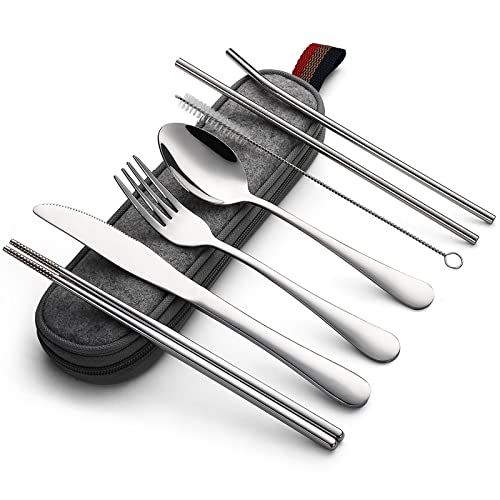 DEVICO Portable Utensils, Travel Camping Cutlery Set, 8-Piece including Knife Fork Spoon Chopsticks Cleaning Brush Straws Portable Case, Stainless Steel Flatware set (Silver) | The Storepaperoomates Retail Market - Fast Affordable Shopping