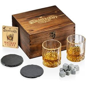 Mixology & Craft Whiskey Stones Gift Set for Men – Pack of 2, 10 oz Whiskey Glasses w/ 8 Granite Chilling Rocks, 2 Slate Coasters, Cocktail Cards in Rustic Wooden Crate – Whiskey Set Gifts for Men