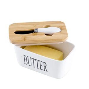 Hasense Porcelain Butter Dish with Bamboo Lid – Covered Butter Dish with Butter Knife for Countertop, Airtight Butter Container with Cover Perfect for East West Coast Butter, White