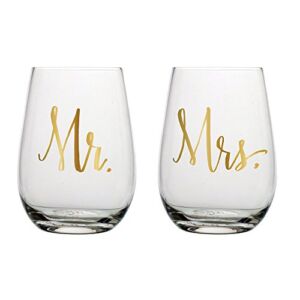 Slant Set of 2 Stemless Wine Glass 20 oz. 3.5 x 5″H Mr. & Mrs.