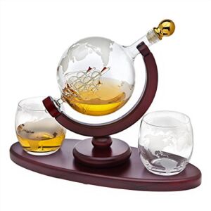 Whiskey Decanter Globe Set with 2 Etched Whiskey Glasses – for Liquor Scotch Bourbon Vodka, Gifts For Men – 850ml