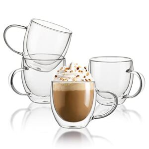 Sweese 415.101 Glass Coffee Cups – 8 oz Double Wall Insulated Glass Coffee Mugs Set with Handle, Perfect for Espresso, Latte, Cappuccino, Set of 4