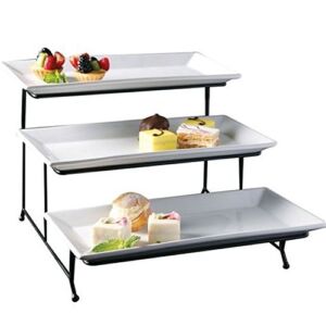 3-Tier Classic Rectangular Serving Platter – Three Tiered Cupcake Tray Stand – Durable Food Server Display Plate Rack – White Pastry Decor Food Stand