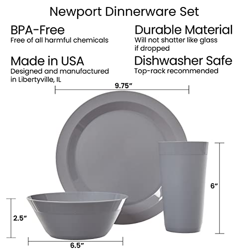 US Acrylic Newport Plastic Plate, Bowl and Tumbler Dinnerware Set for 4 in Grey Stone | 12-Piece Drinking and Dining Set | Reusable, BPA-free, Made in the USA, Top-rack Dishwasher Safe | The Storepaperoomates Retail Market - Fast Affordable Shopping