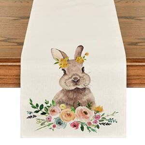 Artoid Mode Easter Bunny Easter Table Runner Off-White, Seasonal Spring Flowers Holiday Kitchen Dining Table Runner for Home Party Decor 13 x 72 Inch