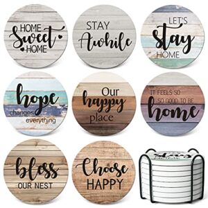 RayPard Absorbent Coasters Stone Coaster Set of 8, Cork Base, with Holder, Wood Look, Farmhouse Country Life Outdoor for Housewarming Apartment Kitchen Room Bar Décor, Rustic Style (Black Holder)