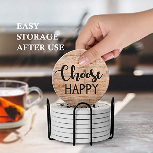 RayPard Absorbent Coasters Stone Coaster Set of 8, Cork Base, with Holder, Wood Look, Farmhouse Country Life Outdoor for Housewarming Apartment Kitchen Room Bar Décor, Rustic Style (Black Holder) | The Storepaperoomates Retail Market - Fast Affordable Shopping