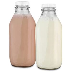 Stock Your Home Liter Glass Milk Bottles (2 Pack) – 32-Oz Milk Jars with Lids – Food Grade Glass Bottles – Dishwasher Safe – Bottles for Milk, Buttermilk, Honey, Maple Syrup, Jam, BBQ Sauce