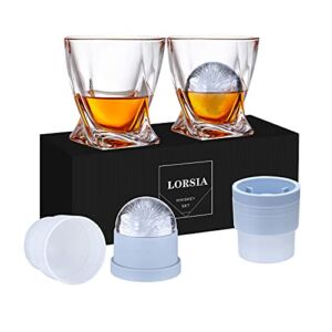 Whiskey Rocks Glass , Set of 4 ( 2 Crystal Bourbon Glasses , 2 Round Big Ice Ball Molds ) In Gift Box – 11 Oz Old Fashioned Glasses for Scotch Cocktail Rum Cognac Vodka Liquor, Unique Gifts for Men