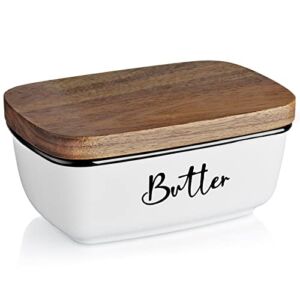 Farmhouse Butter Dish, ALELION Large Ceramic Butter Dish with Lid for Countertop, Vintage Butter Keeper with Thick Acacia Wood Lid, Farmhouse Kitchen Decor and Accessories for Kitchen Gifts, White
