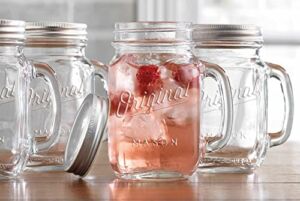 Mason Jar 16 Oz. Glass Mugs with Handle and Lid Set Of 4 – Home Essentials & Beyond – Old Fashioned Drinking Glass Bottles Original Mason Jar Pint Sized Cup Set.