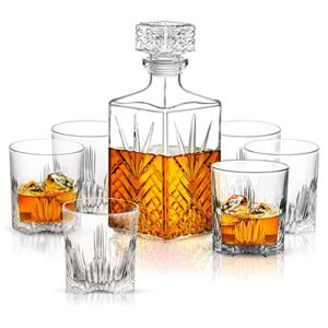Paksh Novelty Whiskey Decanter Set – 7-Piece Italian Crafted Glass Decanter & Whiskey Glasses Set – Holiday Whiskey Gifts for Men and Women w/Ornate Stopper and 6 Cocktail Glasses