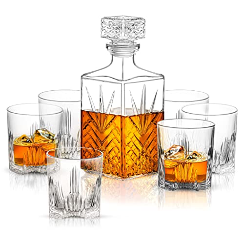 Paksh Novelty Whiskey Decanter Set – 7-Piece Italian Crafted Glass Decanter & Whiskey Glasses Set – Holiday Whiskey Gifts for Men and Women w/Ornate Stopper and 6 Cocktail Glasses | The Storepaperoomates Retail Market - Fast Affordable Shopping