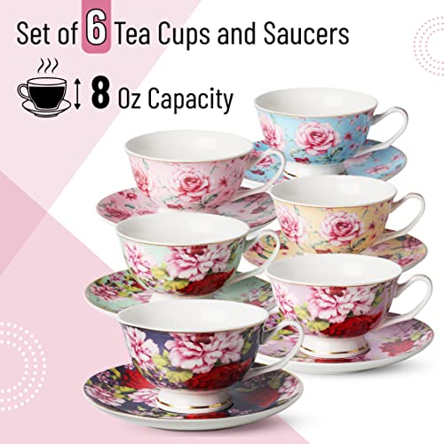 BTaT- Tea Cups, Tea Cups and Saucers Set of 6, Tea Set, Floral Tea Cups (8oz), Tea Cups and Saucers Set, Tea Set, Porcelain Tea Cups, Tea Cups for Tea Party, Rose Teacups, Christmas Gift | The Storepaperoomates Retail Market - Fast Affordable Shopping