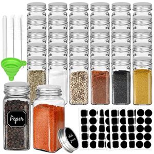 CycleMore 30 Pack 4oz Glass Spice Jars Bottles, Square Spice Containers with Silver Metal Caps and Pour/Sift Shaker Lid-80pcs Black Labels,1pcs Silicone Collapsible Funnel and 2pcs Brush Included