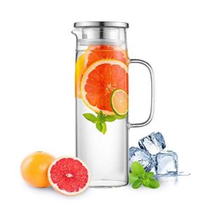 Hwagui – Heat Resistant Glass Pitcher with Stainless Steel Lid, Water Carafe with Handle, Good Beverage Pitcher for Homemade Juice and Iced Tea, 1000ml/34oz