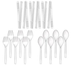 Plastic Serving Utensils, 9″ Clear Disposable Utensils 18 Pack, 6 Serving Tongs, 6 Serving Spoons, 6 Serving Forks