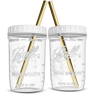 Reusable Wide Mouth Smoothie Cups Boba Tea Cups Bubble Tea Cups with Lids and Gold Straws Mason Jars Glass Cups (2-pack, 16 oz mason jars) Brand Capsule Classic