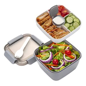 Freshmage Salad Lunch Container To Go, 52-oz Salad Bowls with 3 Compartments, Salad Dressings Container for Salad Toppings, Snacks, Men, Women (Grey)