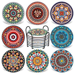Coasters for Drinks,AODINI Set of 8 Absorbent Stone Coasters for Wooden Table, Mandala Ceramic Coasters with Cork Base, Gift for Housewarming Birthday and Family – Great Home and Dining Room Decor