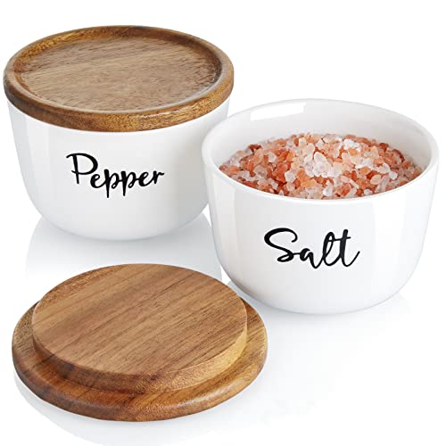 Farmhouse Salt and Pepper Bowls, DAYYET 10 oz Salt Cellar with Lid, Stacked Ceramic Salt Pepper Container with Wooden Lid, Salt Box for Countertop, Modern Farmhouse Kitchen Decor, Set of 2, White | The Storepaperoomates Retail Market - Fast Affordable Shopping