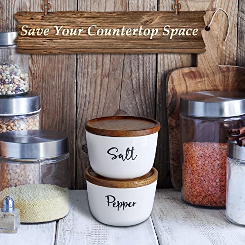 Farmhouse Salt and Pepper Bowls, DAYYET 10 oz Salt Cellar with Lid, Stacked Ceramic Salt Pepper Container with Wooden Lid, Salt Box for Countertop, Modern Farmhouse Kitchen Decor, Set of 2, White | The Storepaperoomates Retail Market - Fast Affordable Shopping