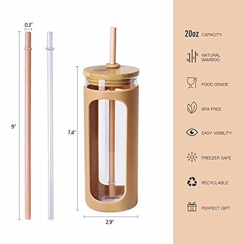 Kodrine 20oz Glass Water Tumble with Straw and Lid,Bamboo Lids Water Bottle, Iced Coffee Cup Reusable, Wide Mouth Smoothie Cups, Straw Silicone Protective Sleeve BPA FREE-Amber | The Storepaperoomates Retail Market - Fast Affordable Shopping
